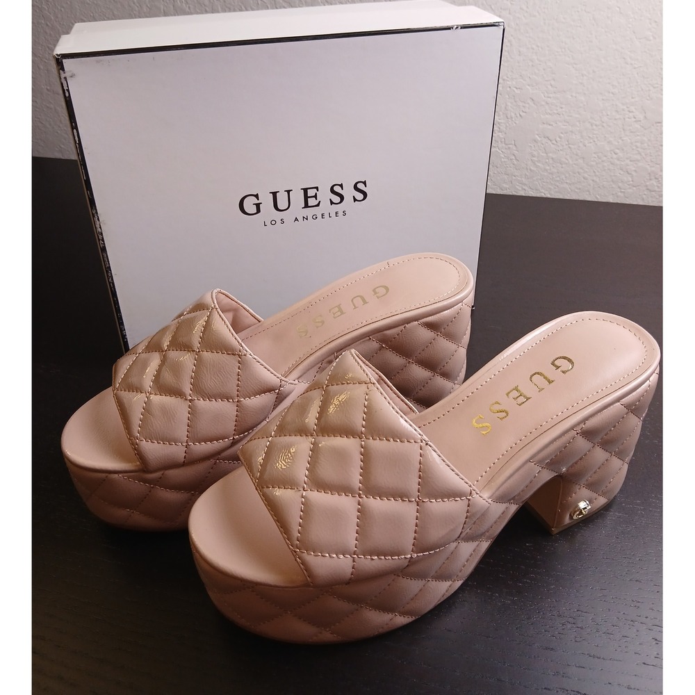 Guess Y2K Yanni Quilted Platform Slide Sandals Natural Patent Block Heel 7.5M
